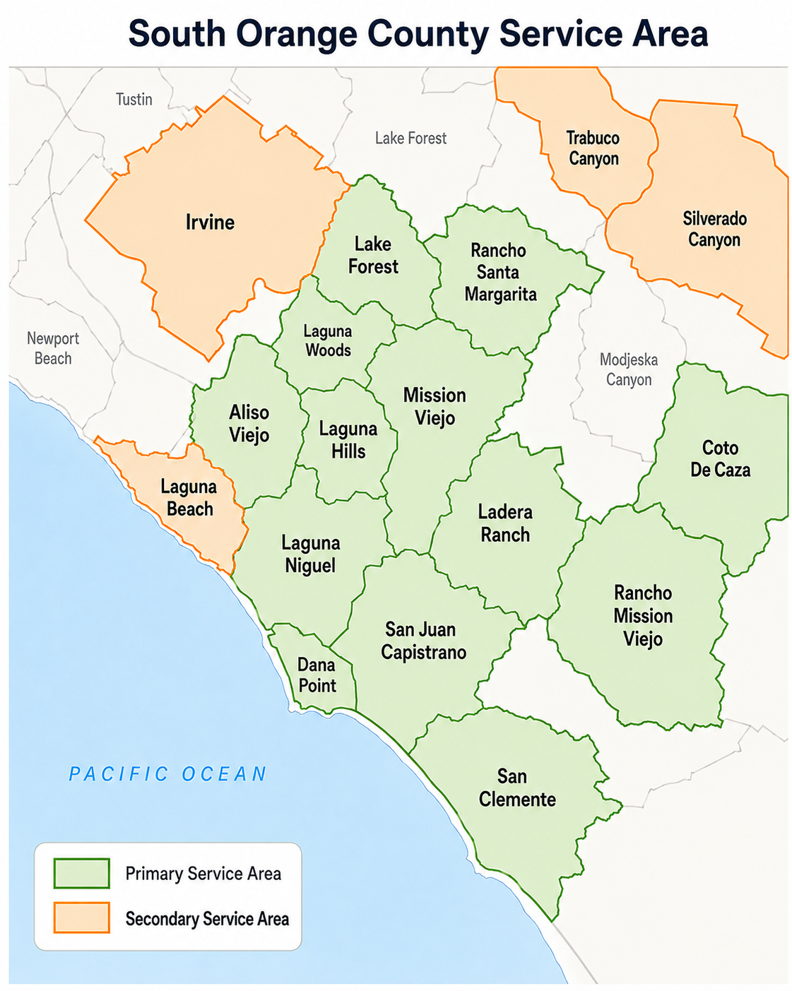 South OC Bin Cleaning service area map showing green and orange coverage areas